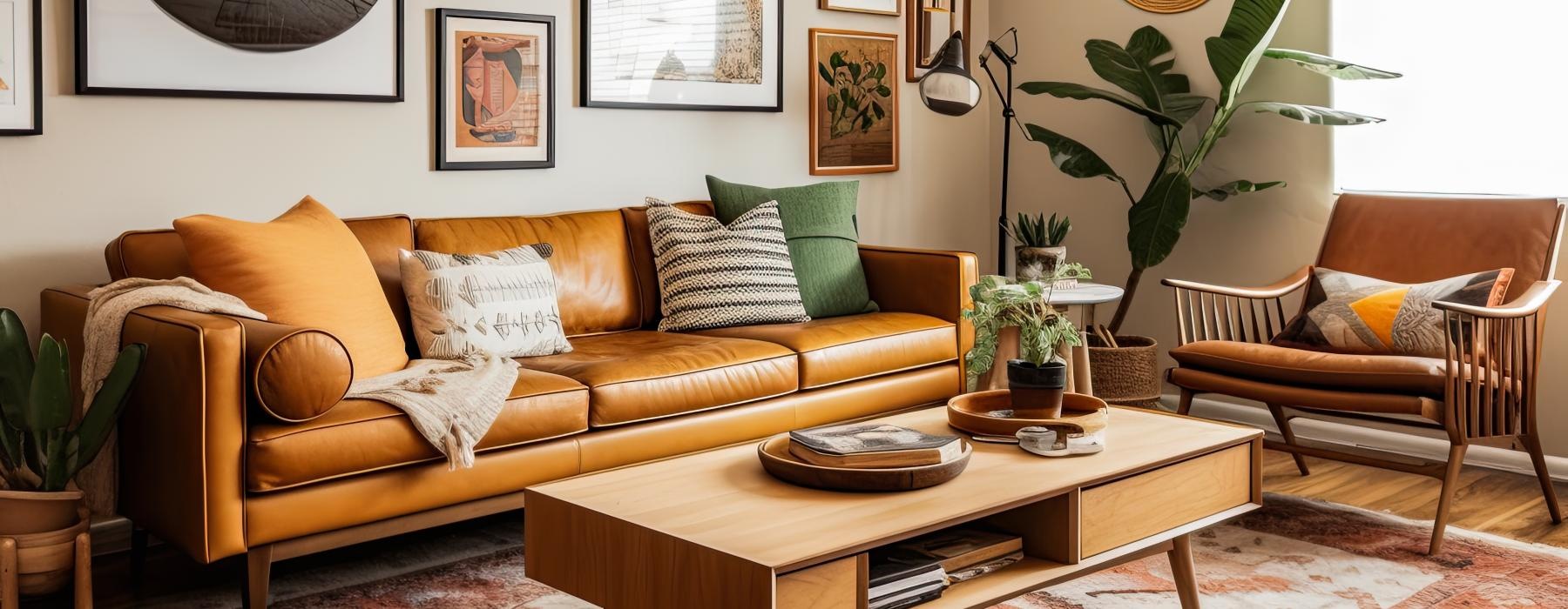 a living room with a couch and modern decor