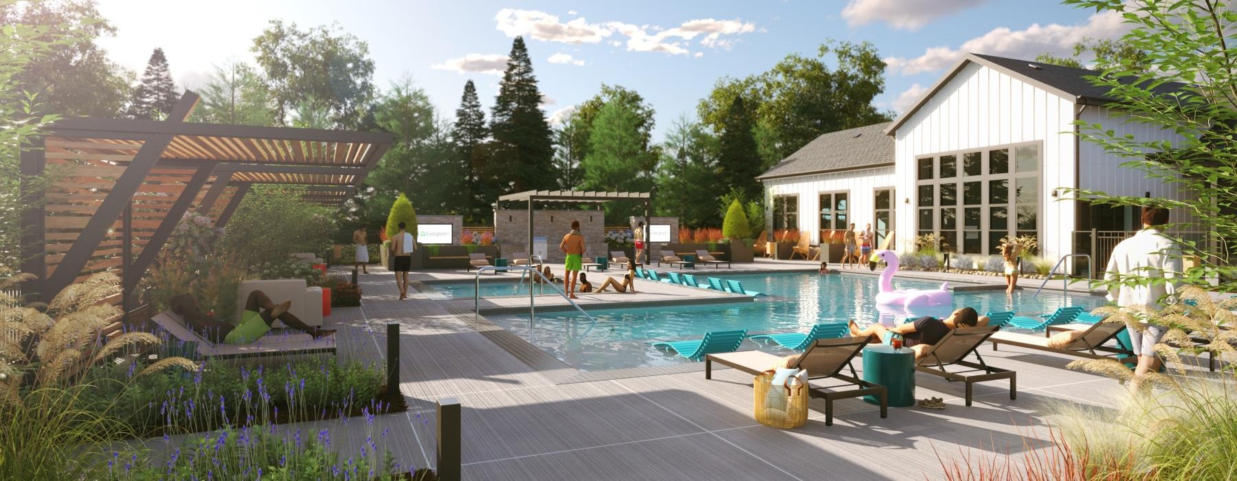 a swimming pool with people and a building in the background