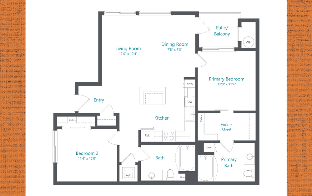 Range - 2 bedroom floorplan layout with 2 bathrooms and 1030 square feet