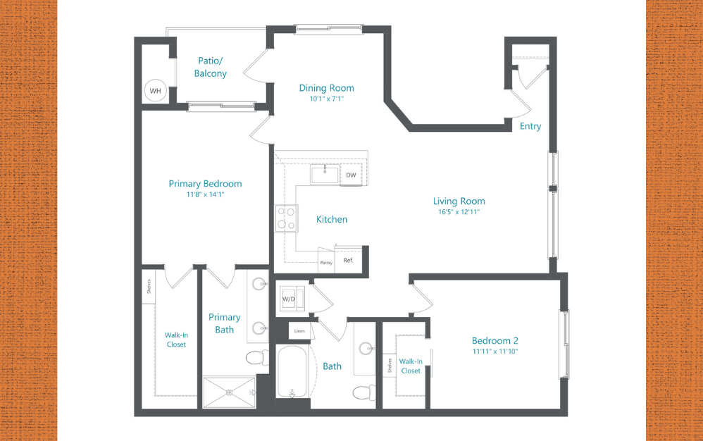 View - 2 bedroom floorplan layout with 2 bathrooms and 1267 square feet