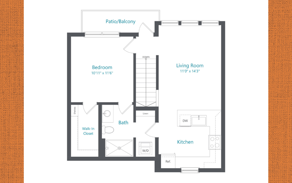 Edge - 1 bedroom floorplan layout with 1 bathroom and 642 square feet