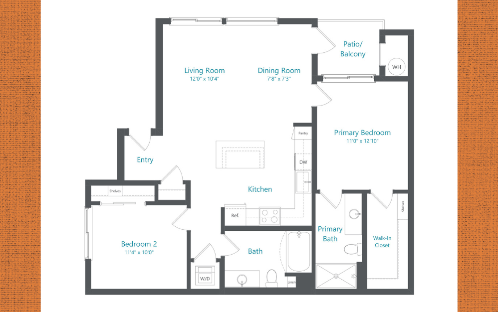Range - 2 bedroom floorplan layout with 2 bathrooms and 1030 square feet
